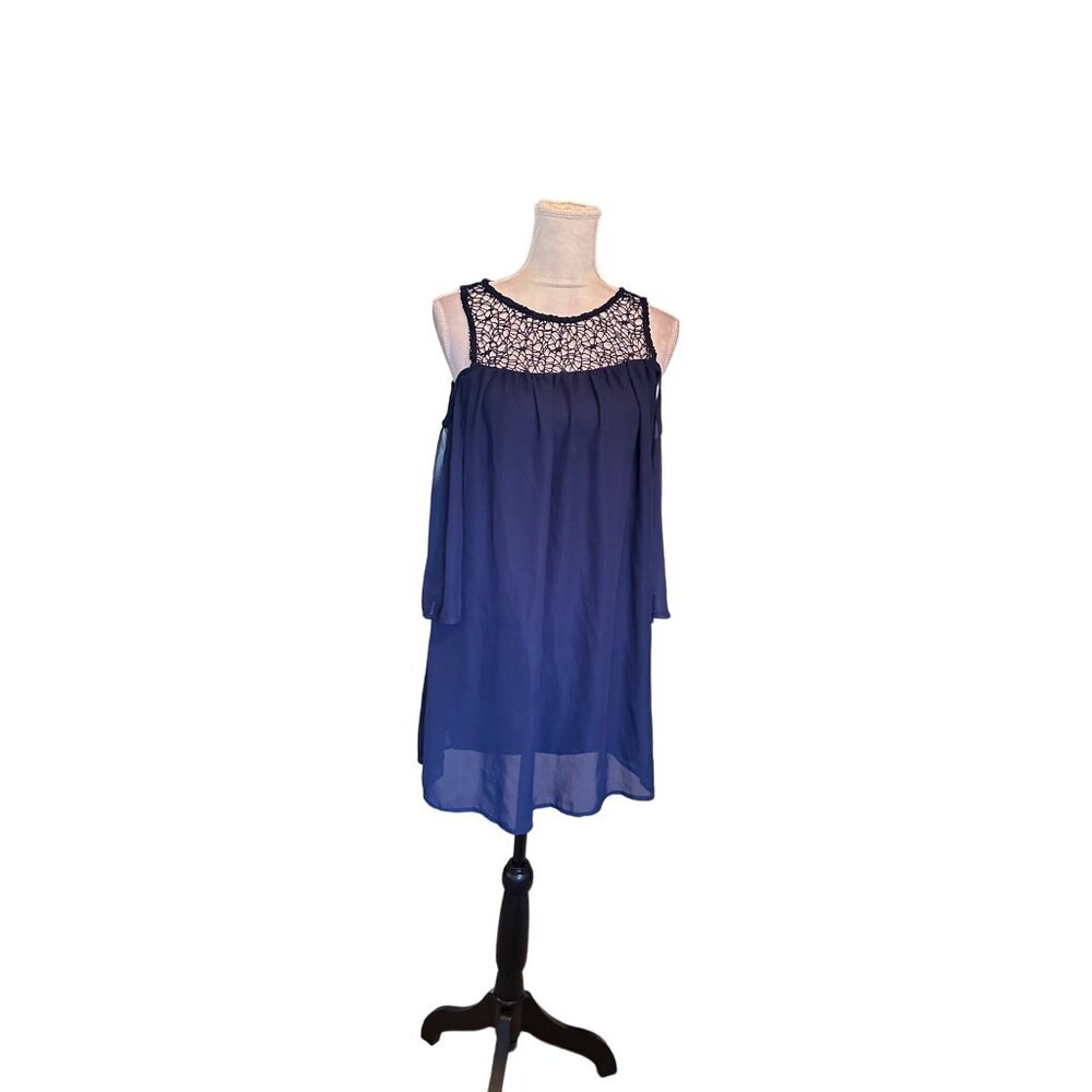 Bailey Blue Navy Cold Shoulder Chiffon & Crochet Dress With Lace Sz 9 Long Sleev